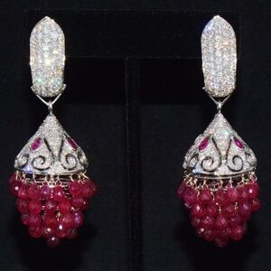 CERTIFIED NATURAL 118CTS DIAMOND RUBY 18K SOLID GOLD 3-IN-1 CHANDELIER EARRINGS